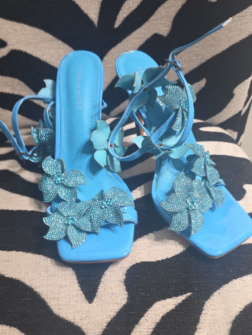 Azaela Wang For AKIRA Sparkling Turquoise Floral Strappy Heels